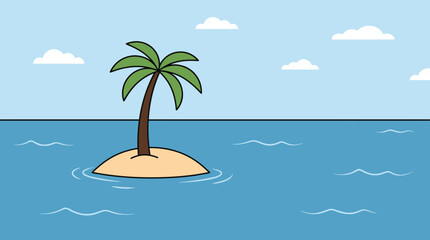 Fototapeta premium A solitary palm tree stands tall on a small island surrounded by ocean water.