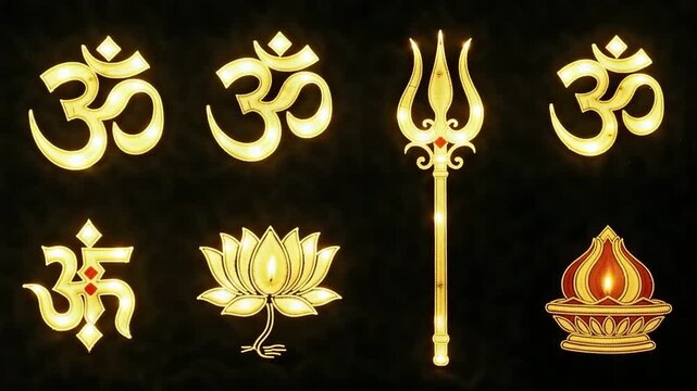 Hindu symbols including Om, lotus, and trident in gold design  
