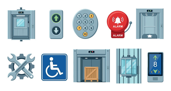 Collection of elevator and lift icons including passenger and freight elevators, control panels, buttons, an alarm bell, and accessibility signs in a flat cartoon vector style