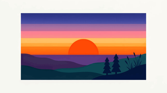 Vibrant sunset occurs over mountains with silhouetted trees and hills