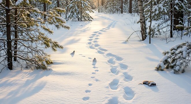 Snowy Forest Trail Footprints in Fresh Snow