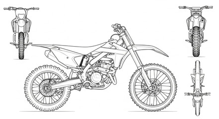 Detailed technical drawing of a dirt bike motorcycle from multiple angles. © Uli