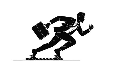 Fototapeta premium Silhouette of a motivated businessman in a suit at the starting line ready to sprint on a white background.
