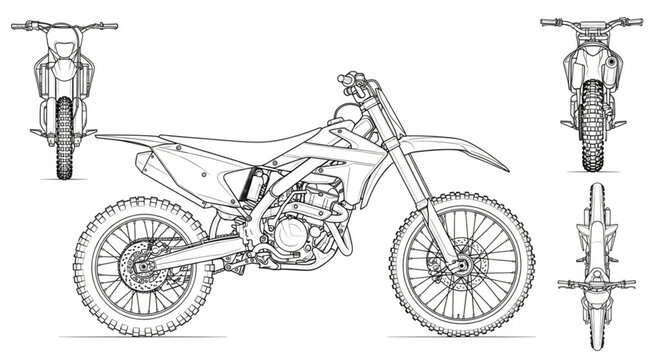 Detailed technical drawing of a dirt bike motorcycle from multiple angles.