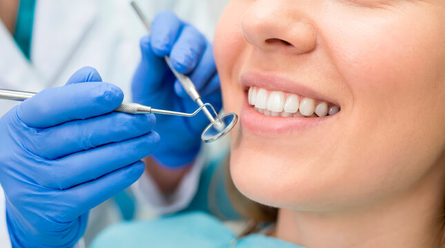 A close-up of a woman's bright white smile during a routine dental examination with a dentist's instruments