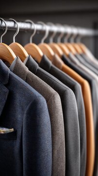 Collection of stylish men's suits hanging neatly on wooden hangers.