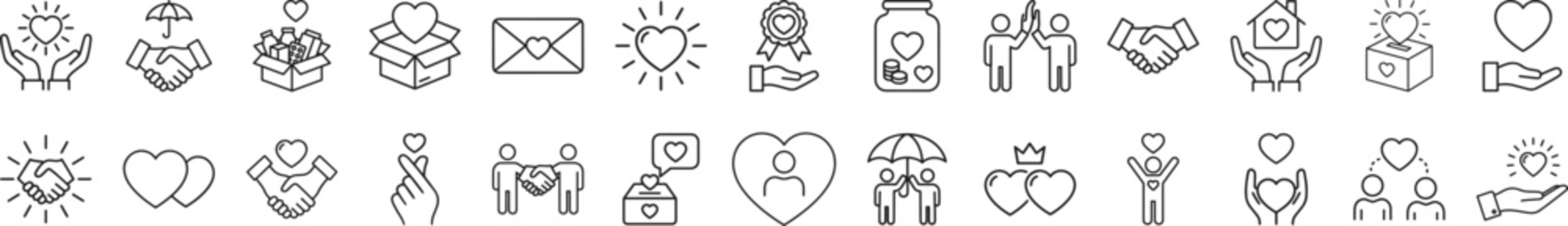 Charity and donation line icons set, 26 philanthropy and kindness vector symbols, volunteer support and community care outline graphics for non-profit organizations