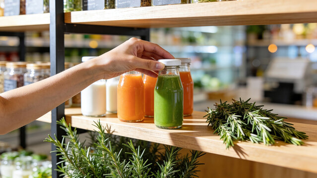 Customizing fresh juice selection in a health shop during the afternoon