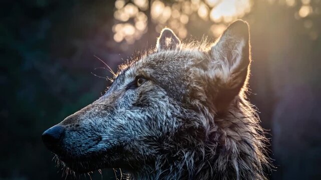 Close-up profile of a wolf with sunlit fur and dark forest background at sunrise