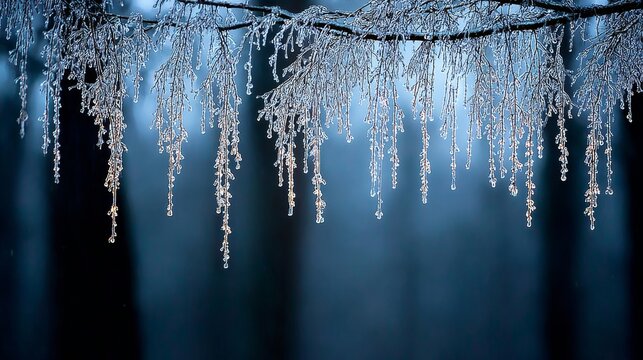 Delicate ice droplets hanging from frozen branches in a serene winter scene