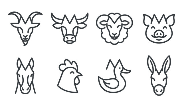 Farm animal line art heads icons.