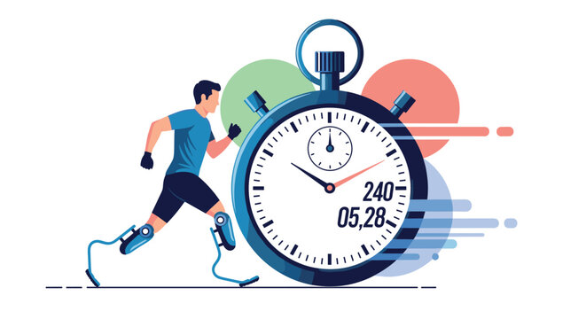 Determined para athlete with prosthetic legs sprinting fast past a giant stopwatch to break a new world record on the track.