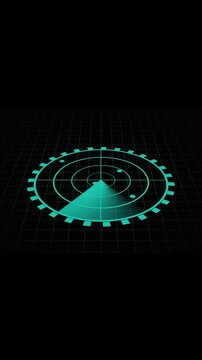 Circular scans and target dots on a dark grid background. Teal radar display screen. Realistic sonar animation for digital navigation and high tech monitoring visuals art.