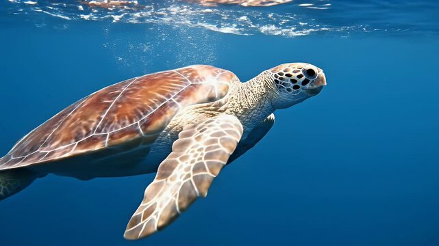 A majestic sea turtle gracefully swims through the clear blue ocean, its shell illuminated by sunlight.