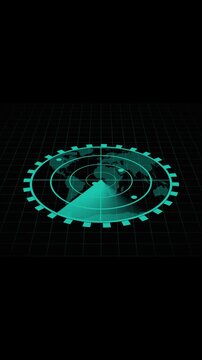 Teal radar screen with world map overlay and target dots. Teal radar screen display. Global map radar animation for international tracking and security monitoring visuals art.
