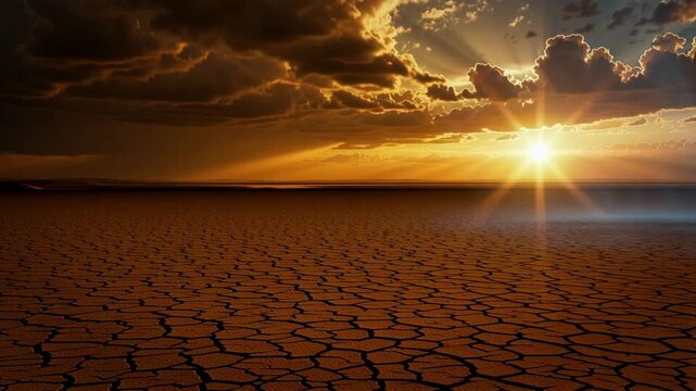 Dramatic video footage shows surreal blue waterfall animation falling on cracked desert earth beneath a blazing sun