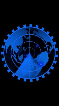 Blue radar display with earth globe and moving points. Blue radar display screen. Futuristic radar animation for global positioning and international navigation visuals art.
