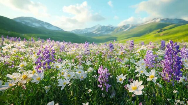 Field of wildflowers blooming in front of green mountains with snow patches