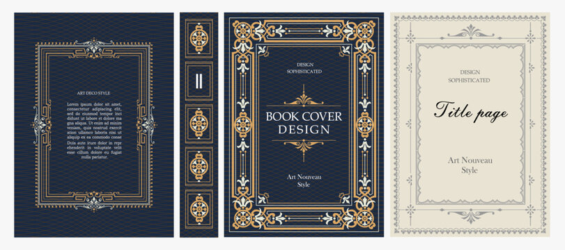 Classic vintage book cover, title page, spine design with Art Deco, Baroque, Art Nouveau and Victorian ornaments. Elegant decorative frame, retro style for publications, posters and artistic layouts.