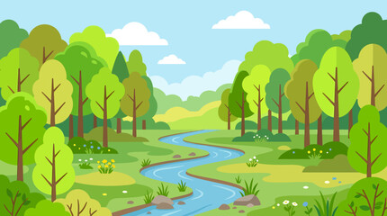 Naklejka premium A serene landscape of a winding river through a lush forest with trees and greenery under a blue sky.