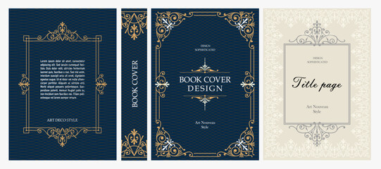 Fototapeta premium Classic vintage book cover, title page, spine design with Art Deco, Baroque, Art Nouveau and Victorian ornaments. Elegant decorative frame, retro style for publications, posters and artistic layouts.