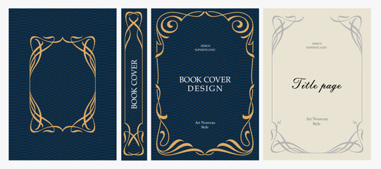 Naklejka premium Classic vintage book cover, title page, spine design with Art Deco, Baroque, Art Nouveau and Victorian ornaments. Elegant decorative frame, retro style for publications, posters and artistic layouts.
