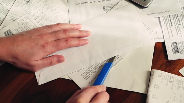 Close-up of hands opening an envelope with a stationery knife. High quality 4k footage