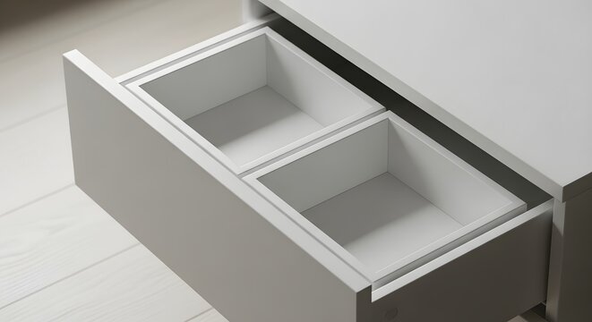Modern white open empty furniture drawer with sliding metal tracks