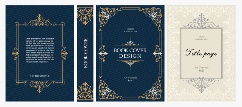 Classic vintage book cover, title page, spine design with Art Deco, Baroque, Art Nouveau and Victorian ornaments. Elegant decorative frame, retro style for publications, posters and artistic layouts.