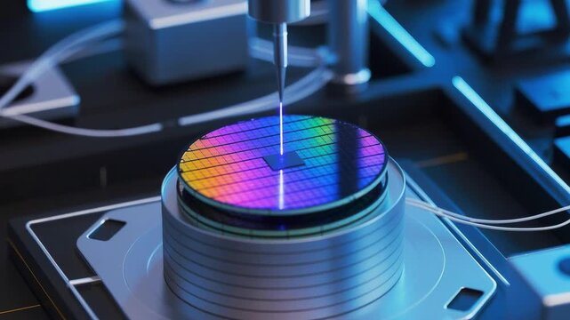 Close-up of a semiconductor wafer being processed with a precision tool emitting a blue light in a high-tech lab.