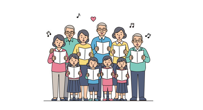 Large and diverse choir of men, women, and children of different ages singing harmoniously together from music sheets.