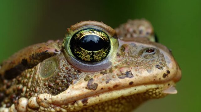 Extreme Close-Up Macro of a Toad's Eye and Textured Skin Against a Soft Green Blurred Background