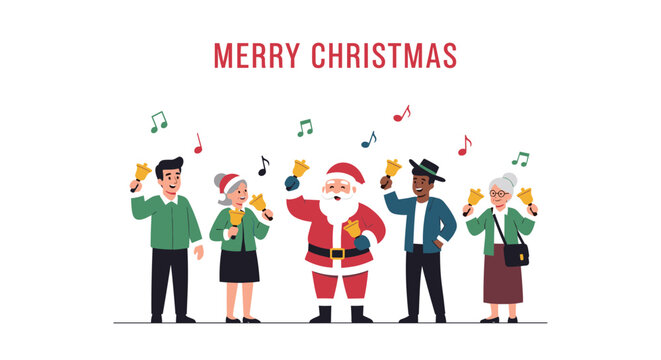 Santa Claus and a diverse group of people ringing handbells together to celebrate a joyful Merry Christmas holiday.