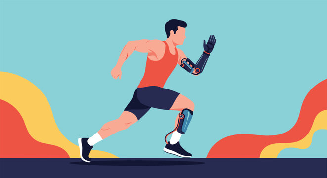 Determined male runner with prosthetic arm and leg sprints forward against an abstract colorful background.
