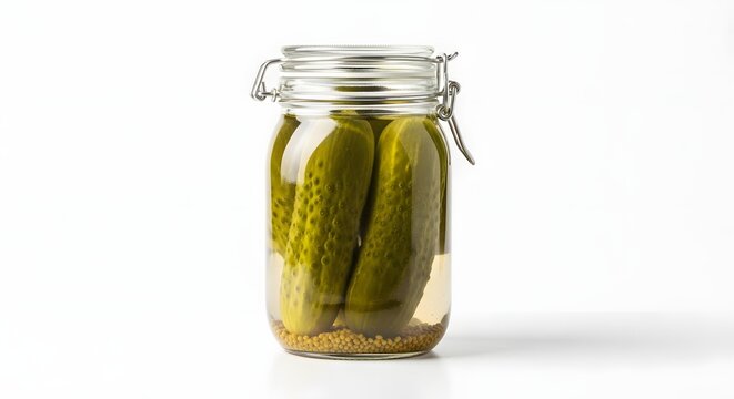 Glass jar filled with green pickles and mustard seeds in brine solution