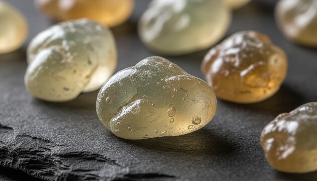 Royal Hojari frankincense resin tears macro on dark slate background