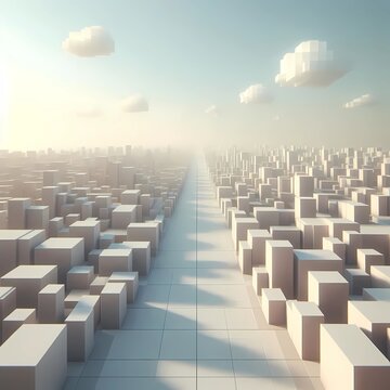 Abstract 3D minimalist infinite city landscape with one-point perspective road and pixelated clouds for future urban vision, digital transformation roadmap, and smart infrastructure background.