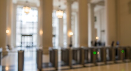 Naklejka premium Interior view of a grand building lobby with security turnstiles and large columns.