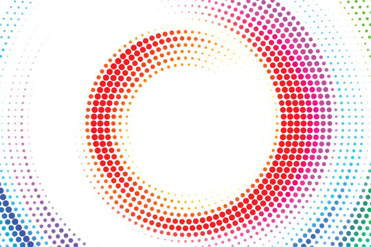 Abstract colorful halftone circular gradient background with dotted wave pattern. Vibrant abstract halftone background with colorful dotted circular waves and smooth gradient flow. Vector illustration