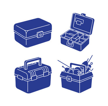 Blue toolbox set in line art style with white outline on clean background for industrial and DIY use