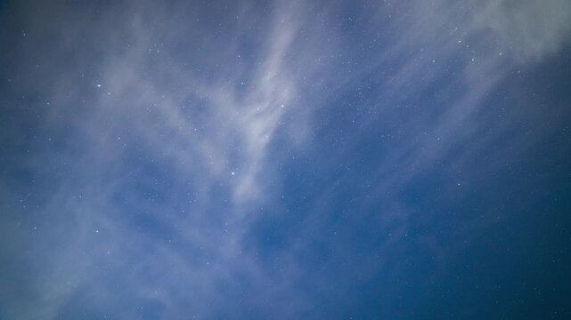 Starry sky zenith time lapse with thin clouds flow. Above horizon.