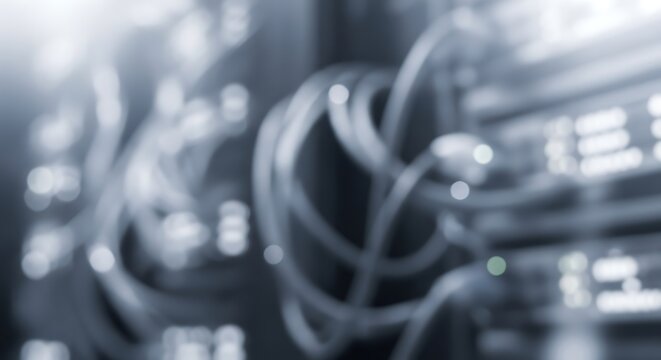 Close-up view of tangled network cables and server equipment in a data center, emphasizing connectivity and technology infrastructure.