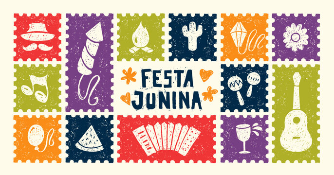 Festa Junina carnival flyers with crayon icons of summer festival in frames. Music party posters with accordion, guitar, bonfire, drum and lantern drawn with bright chalk, vector illustration