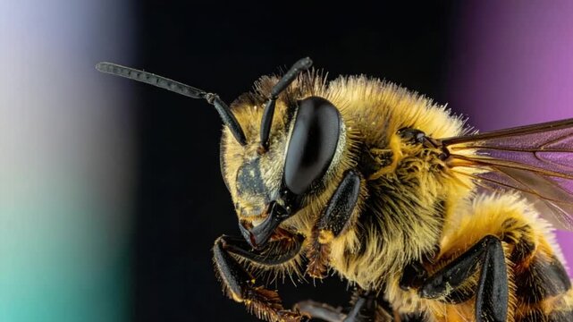 Extreme macro close-up of a fuzzy honey bee with black and yellow stripes showing detailed antennae and compound eyes