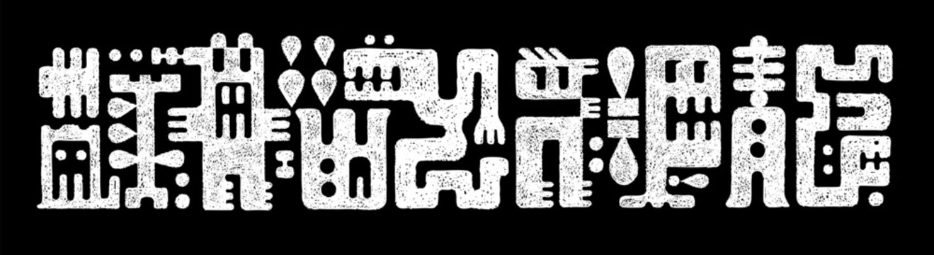 Abstract monsters silhouettes. Mexican ethnic characters drawn with crayon pencils. Geometric shadows of scary african tribal creatures. Black sketch of cute mayan monsters, vector illustration