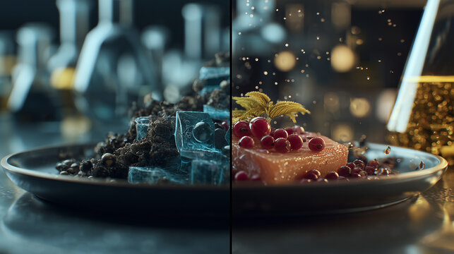 Split futuristic composition showing synthetic lab-grown food vs natural organic food.  
Dramatic contrast, cinematic lighting, photorealistic food visualization.