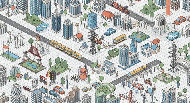 Isometric Cityscape with Buildings and Transportation Elements.