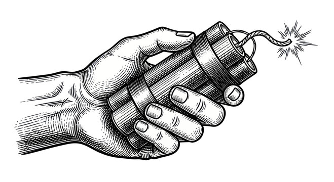 Hand holding dynamite explosive stick.