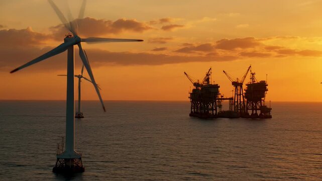 Offshore wind turbines and oil rig platform silhouettes against a vibrant sunset sky over the ocean.