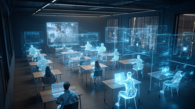 Virtual classroom with floating screens and holograms.  
Modern online education concept, cinematic atmosphere, photorealistic.